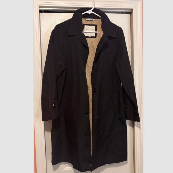 Larry Levine SPORT Trench Coat Rain Jacket Womens Small Black Lined Button Close - Picture 1 of 5